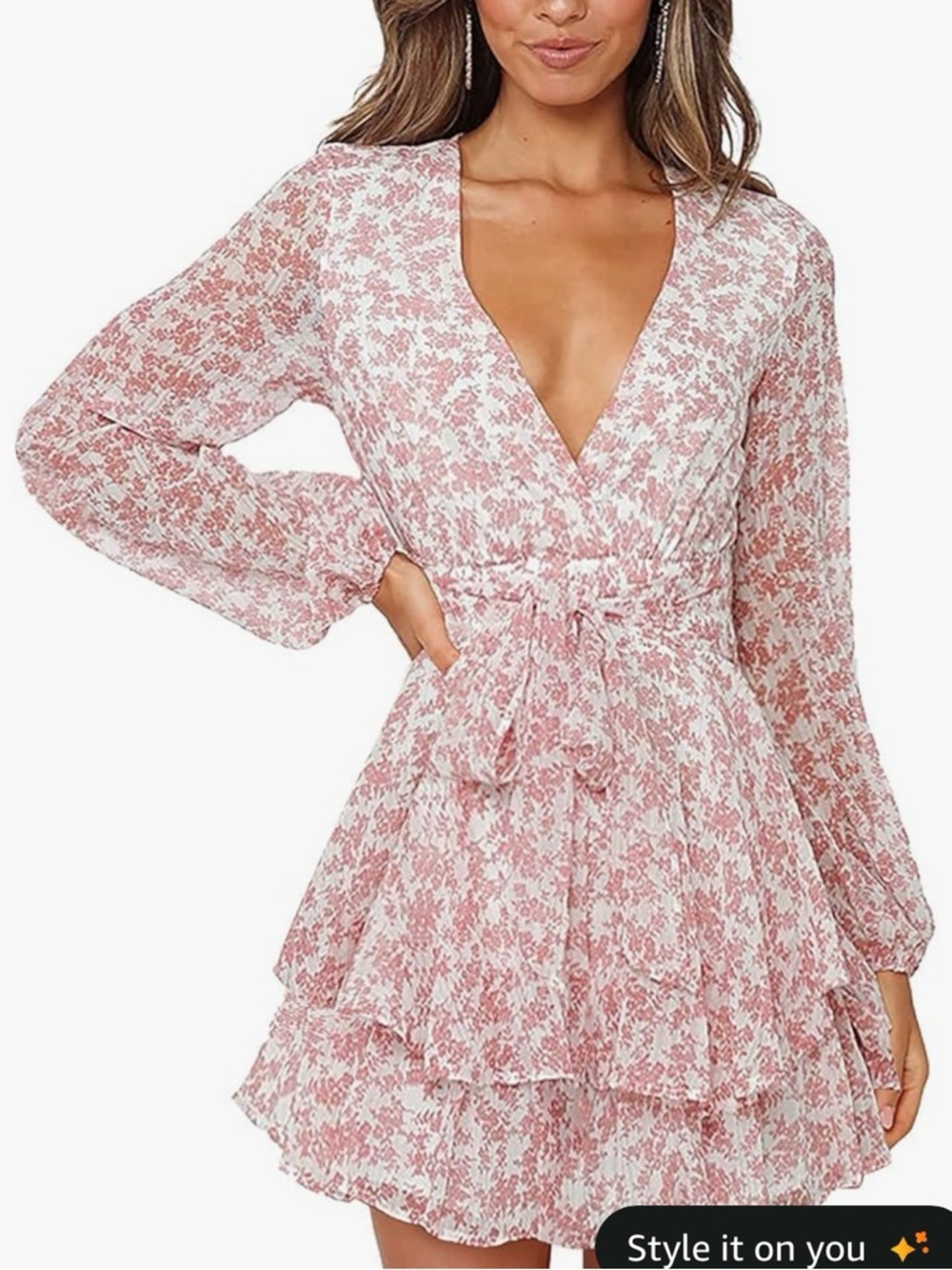 Pink Floral V-Neck Tiered Ruffle Dress